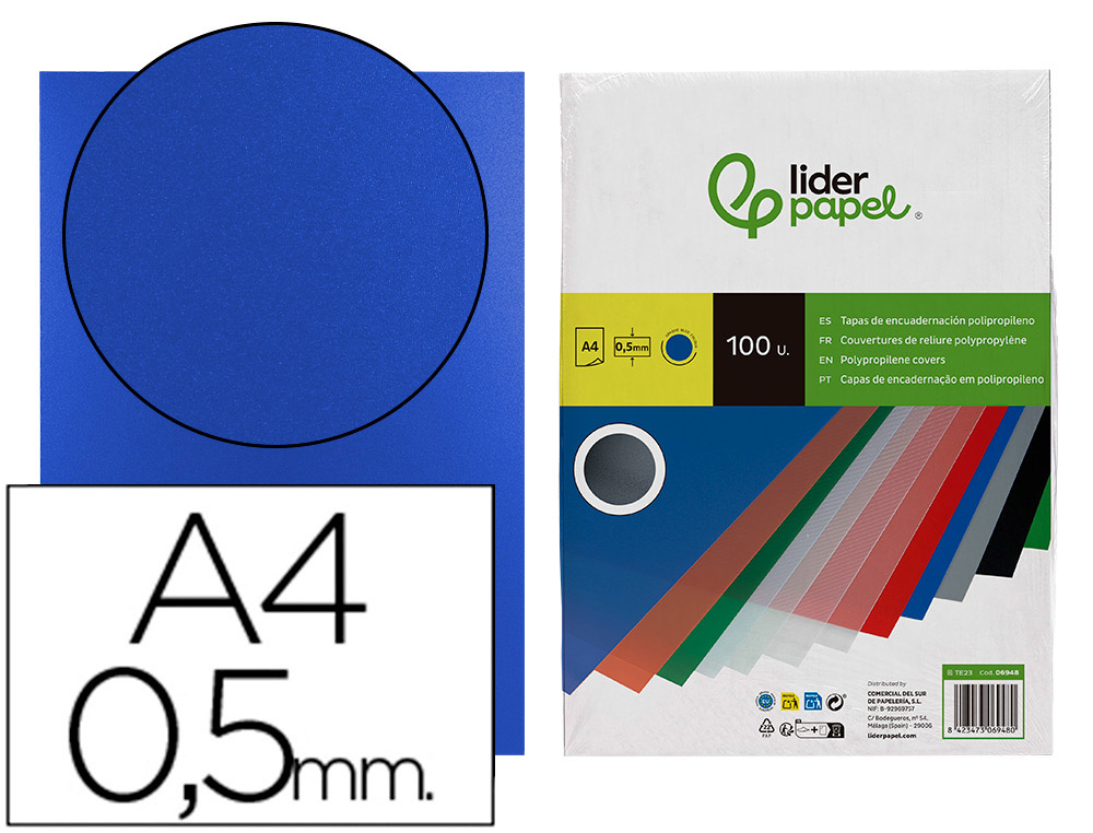 TAPA ENCUADERNACION LIDERPAPEL POLIPROPILENO A4 0.5MM AZUL OPACO PAQUETE DE 100 UNIDADES