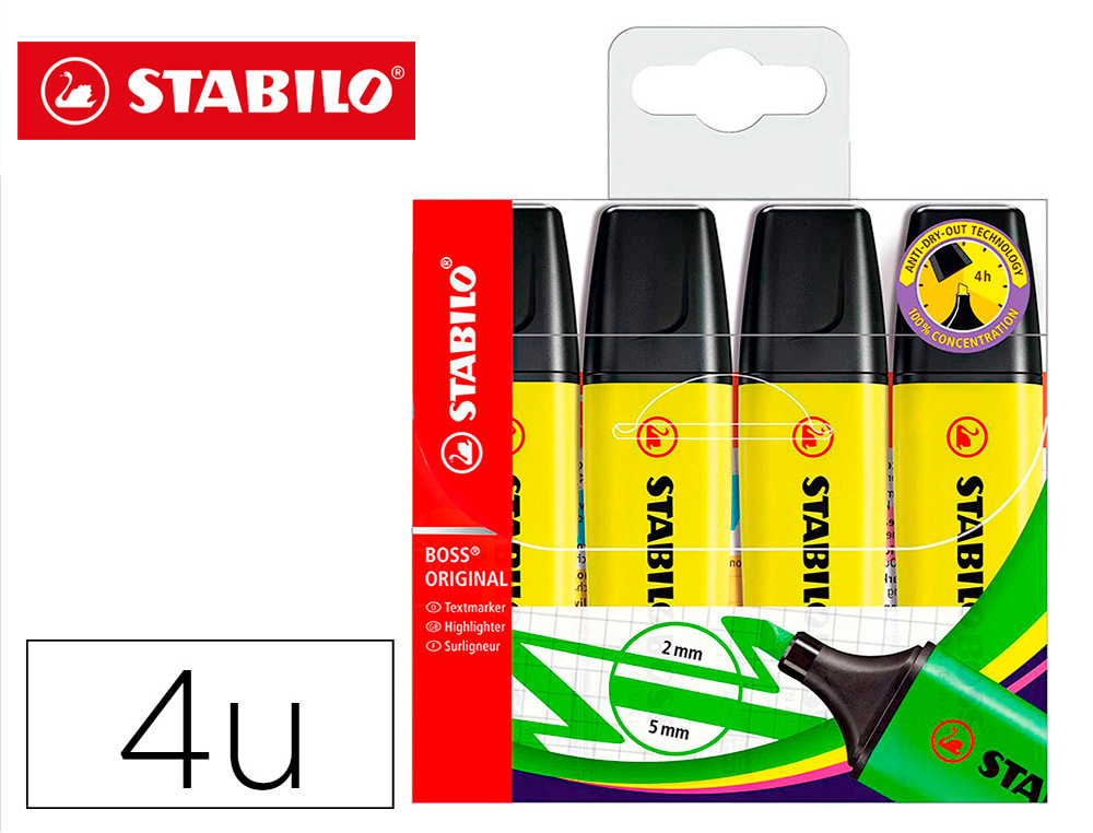 ROTULADOR STABILO BOSS FLUORESCENTE 70 AMARILLO ESTUCHE DE 4 UNIDADES