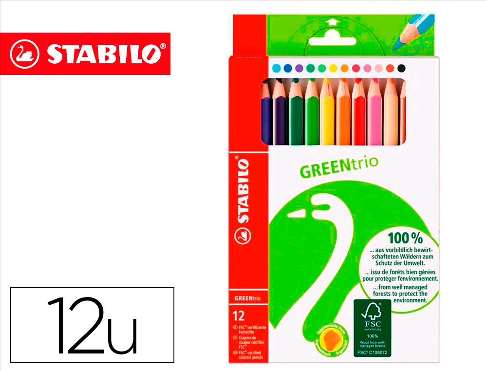 LAPICES DE COLORES STABILO GREEN COLORS CON CERTIFICADO FSC ESTUCHE CARTON DE 12 UNIDADES COLORES SURTIDOS