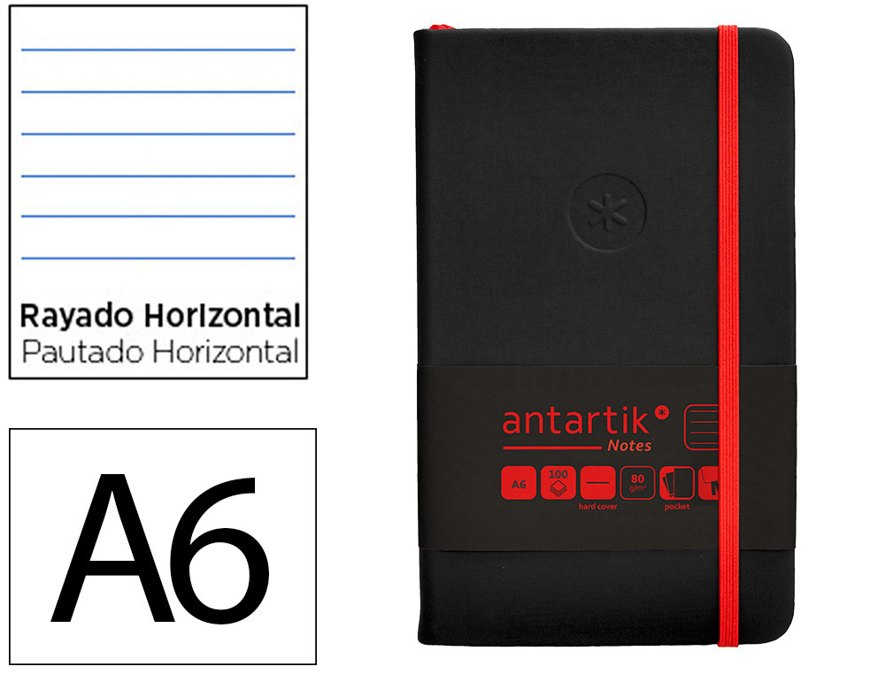 CUADERNO CON GOMILLA ANTARTIK NOTES TAPA DURA A6 HOJAS RAYAS NEGRO Y ROJO 100 HOJAS 80 GR FSC