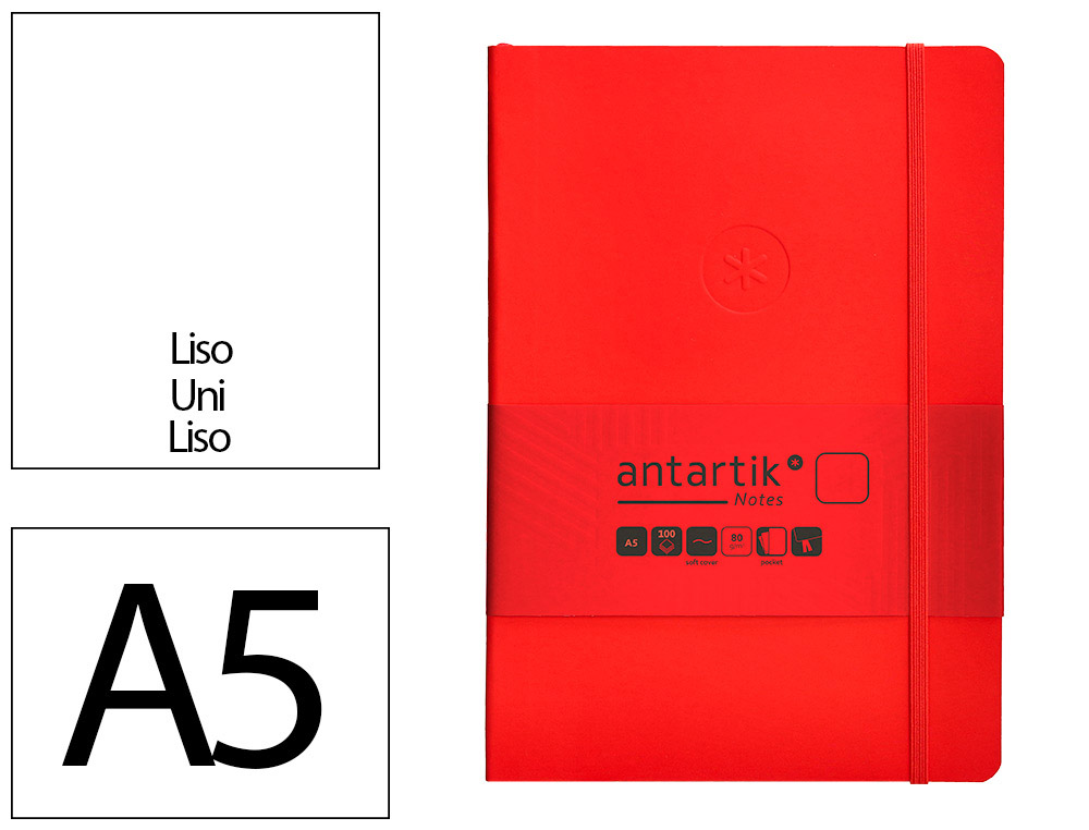 CUADERNO CON GOMILLA ANTARTIK NOTES TAPA BLANDA A5 HOJAS LISAS ROJO 80 HOJAS 80 GR FSC