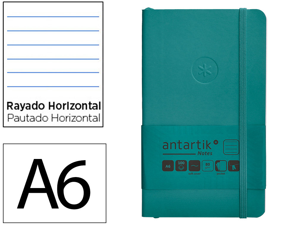 CUADERNO CON GOMILLA ANTARTIK NOTES TAPA BLANDA A6 RAYAS VERDE AGUAMARINA 100 HOJAS 80 GR FSC