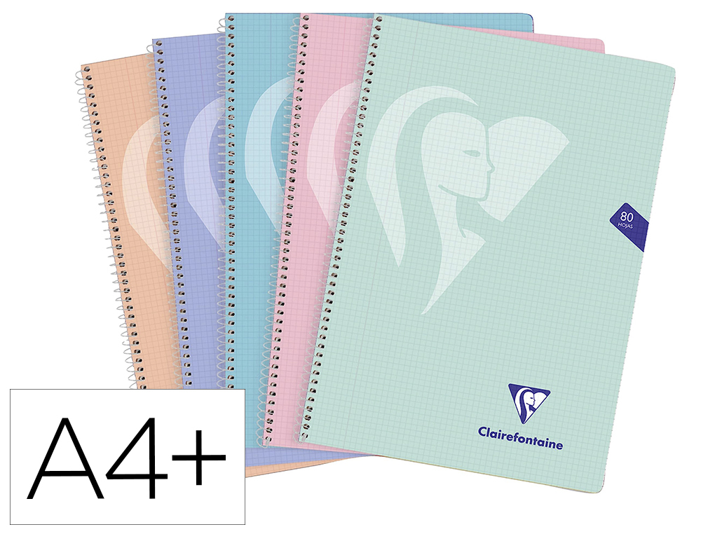 CUADERNO ESPIRAL CLAIREFONTAINE TAPA POLIPROPILENO FOLIO 80 HOJAS 90 GR CUADRO 4MM COLORES