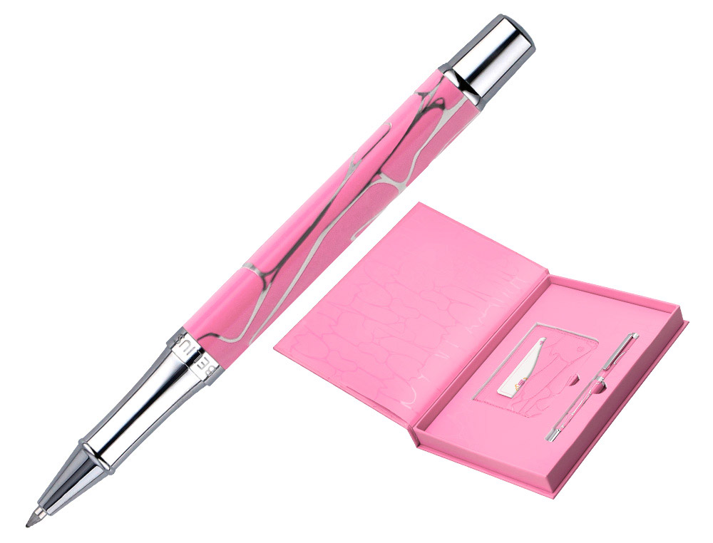 BOLIGRAFO Y WALLET BELIUS COCKTAILS COSMOPOLITAN ALUMINIO ROSA PLATEADO RELIEVETINTA COLOR AZUL CAJA DISEÑO