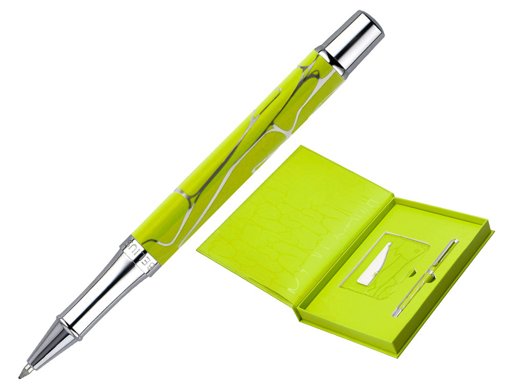 BOLIGRAFO Y WALLET BELIUS COCKTAILS MARGARITA ALUMINIO VERDE LIMA PLATEADO RELIEVE TINTA COLOR AZUL CAJA DE