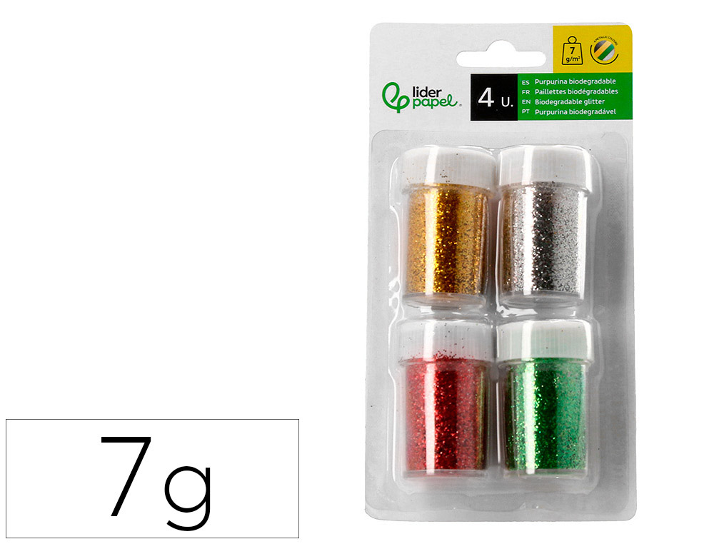 PURPURINA LIDERPAPEL BIODEGRADABLE FANTASIA BOTE 7 GR COLORES METALICOS SURTIDOS BLISTER DE 4 UNIDADES