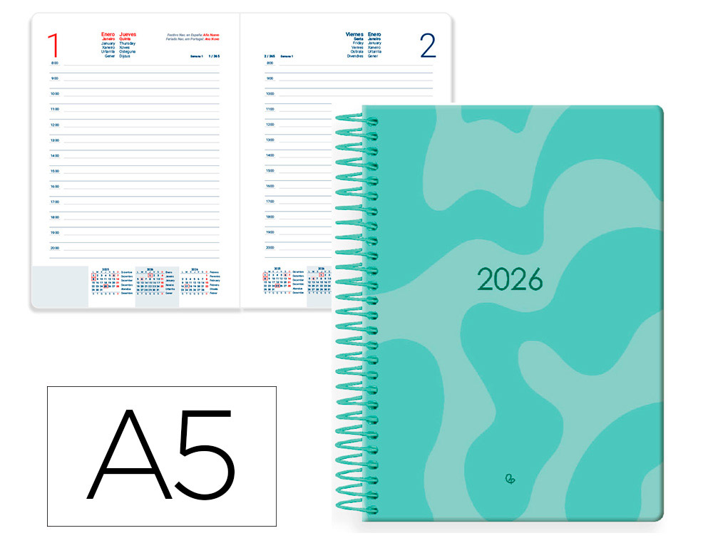 AGENDA ESPIRAL LIDERPAPEL SYROS 150X210 MM 2026 DIA PAGINA TURQUESA PAPEL 60 GR FSC