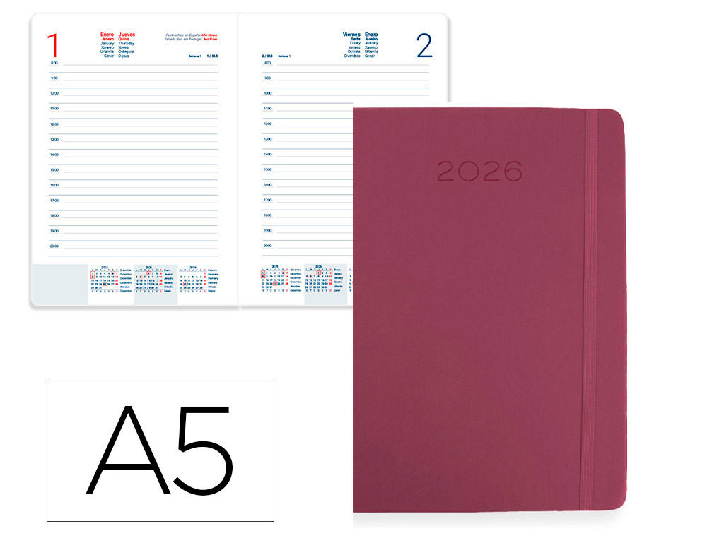 AGENDA ENCUADERNADA LIDERPAPEL MYKONOS 150X210 MM 2026 DIA PAGINA GRANATE PAPEL 70 GR FSC