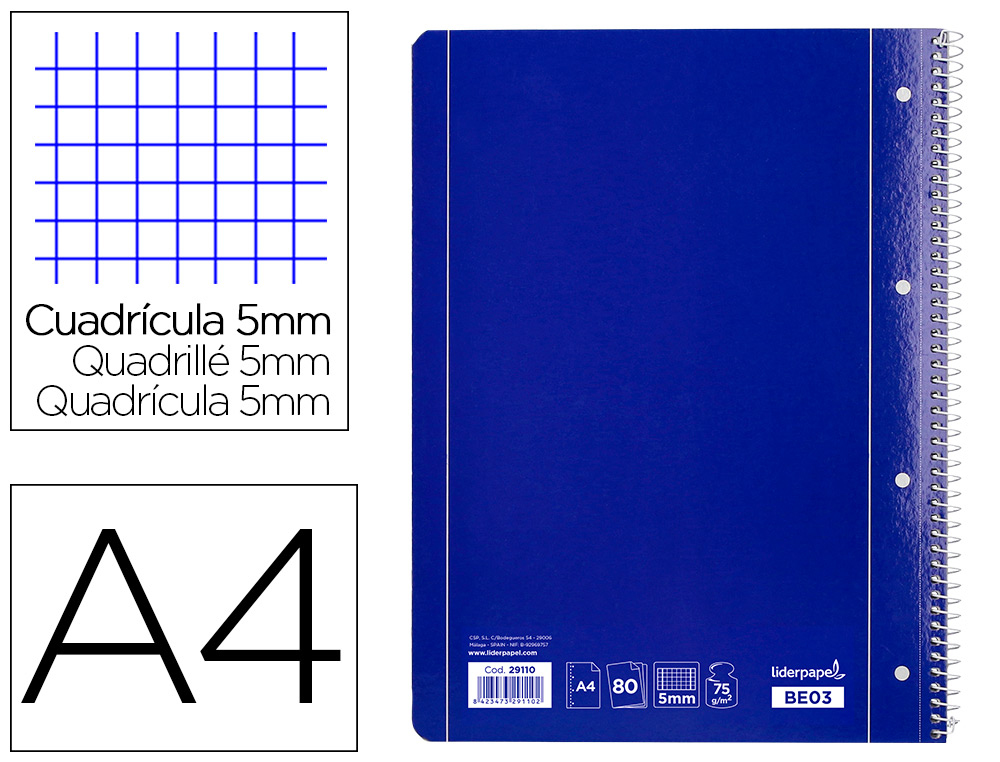 CUADERNO ESPIRAL LIDERPAPEL A4 MICRO SERIE AZUL TAPA BLANDA 80H 75GR CUADRO 5MM CON MAR GEN 4 TALADROS AZUL