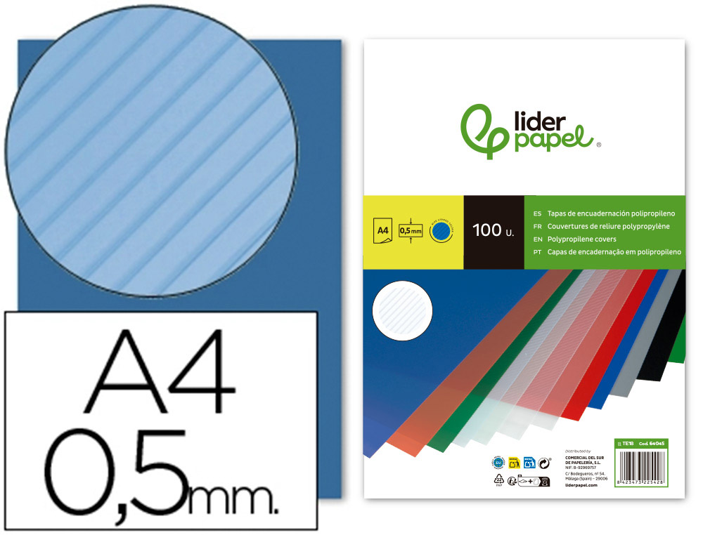 TAPA ENCUADERNACION LIDERPAPEL POLIPROPILENO RAYADO A4 0.5MM AZUL PAQUETE DE 100 UNIDADES