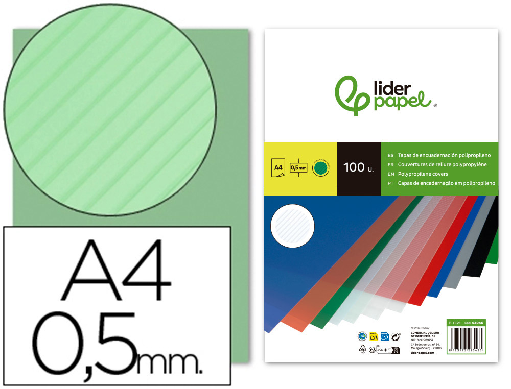 TAPA ENCUADERNACION LIDERPAPEL POLIPROPILENO RAYADO A4 0.5MM VERDE PAQUETE DE 100 UNIDADES