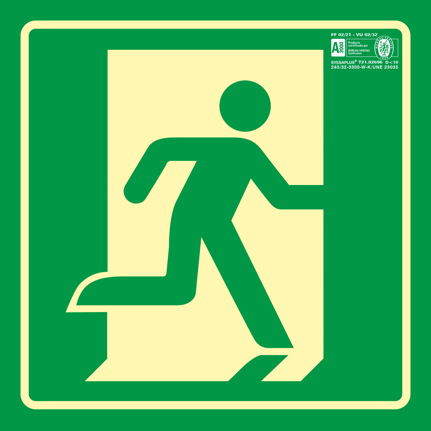 PICTOGRAMA SYSSA SEÑAL DE SALIDA DE EMERGENCIA DERECHA EN PVC FOTOLUMINISCENTE 224X224 MM