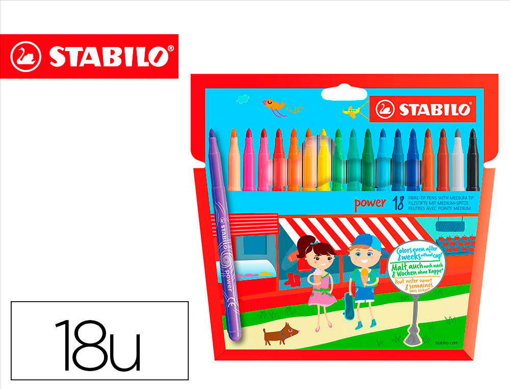 ROTULADOR ESCOLAR STABILO POWE R CAJA DE 18 UNIDADES COLORES SURTIDOS