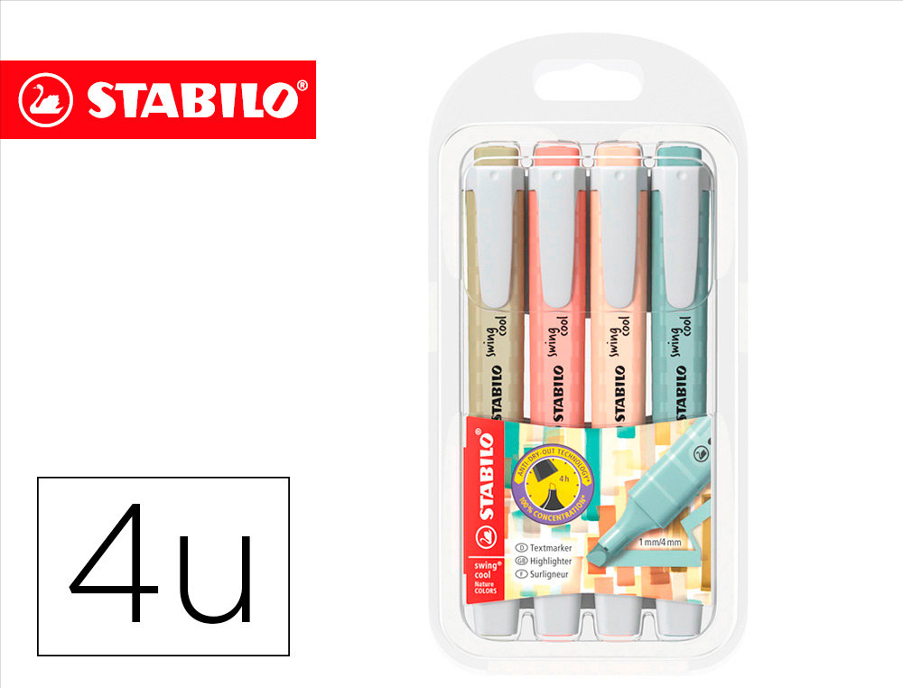 ROTULADOR STABILO FLUORESCENTE SWING COOL NATURE COLORS ESTUCHE DE 4 UNIDADES COLORES SURTIDOS