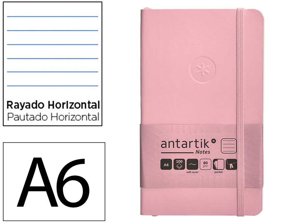 CUADERNO CON GOMILLA ANTARTIK NOTES TAPA BLANDA A6 RAYAS ROSA PASTEL 100 HOJAS 80 GR FSC