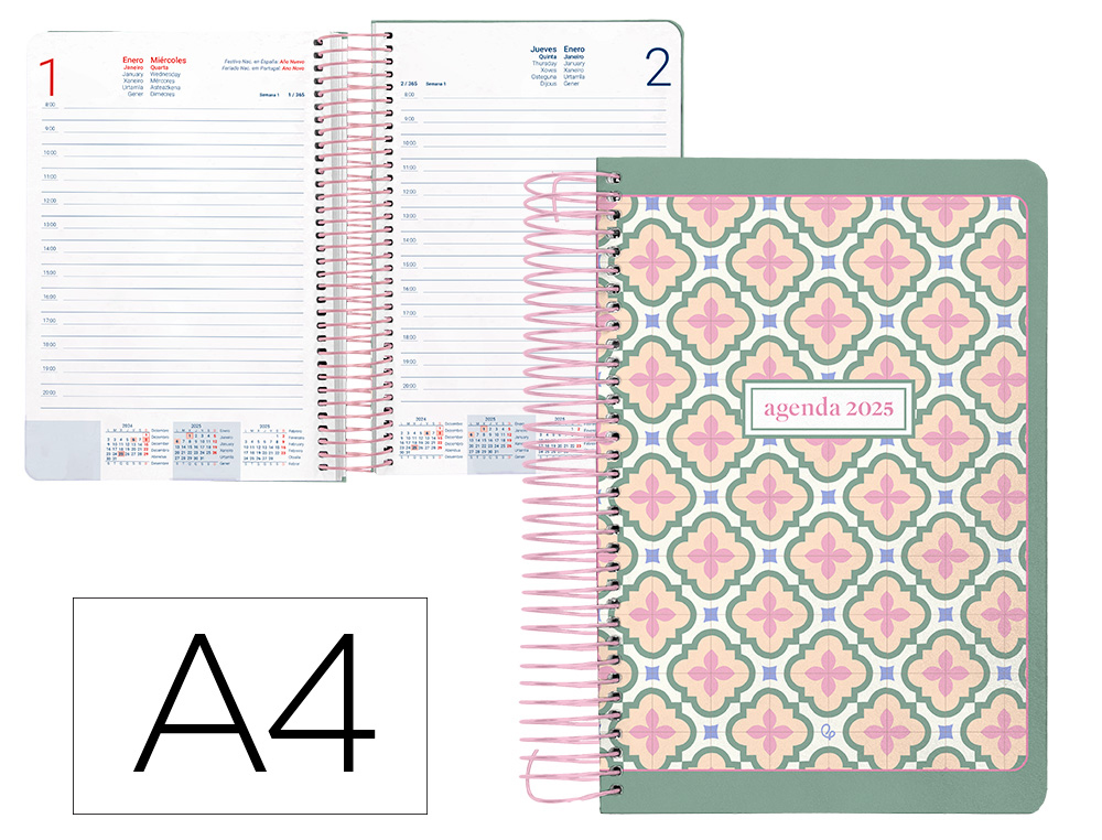 AGENDA ESPIRAL LIDERPAPEL PERISSA A4 2025 DIA PAGINA VERDE PAPEL 80 GR