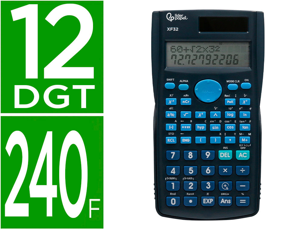 CALCULADORA LIDERPAPEL CIENTIFICA XF32 12 DIGITOS 240 FUNCIONES CON TAPA SOLAR Y PILAS COLOR AZUL 156X85X20