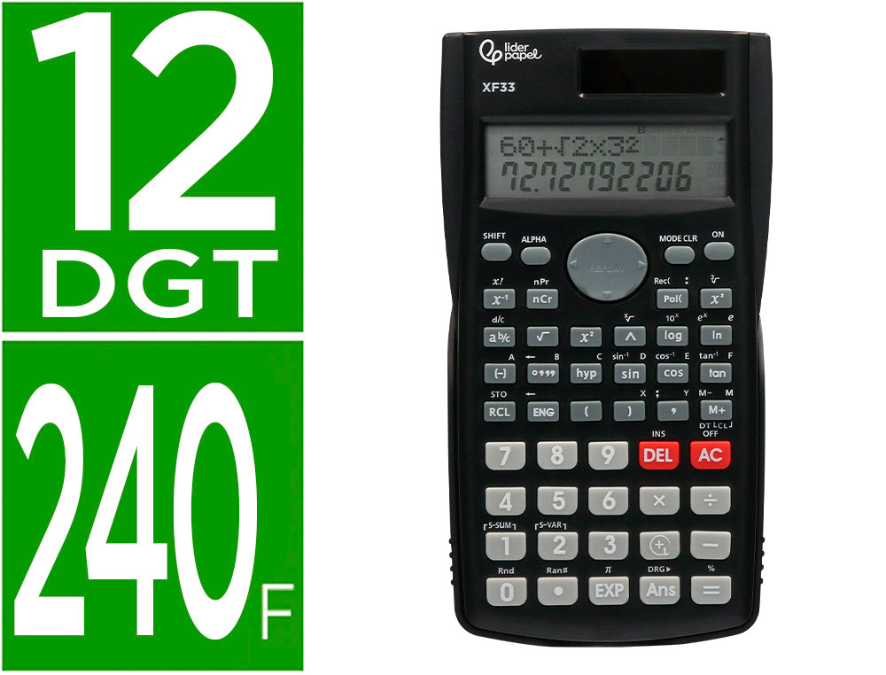 CALCULADORA LIDERPAPEL CIENTIFICA XF33 12 DIGITOS 240 FUNCIONES CON TAPA SOLAR Y PILAS COLOR NEGRO 156X85X20
