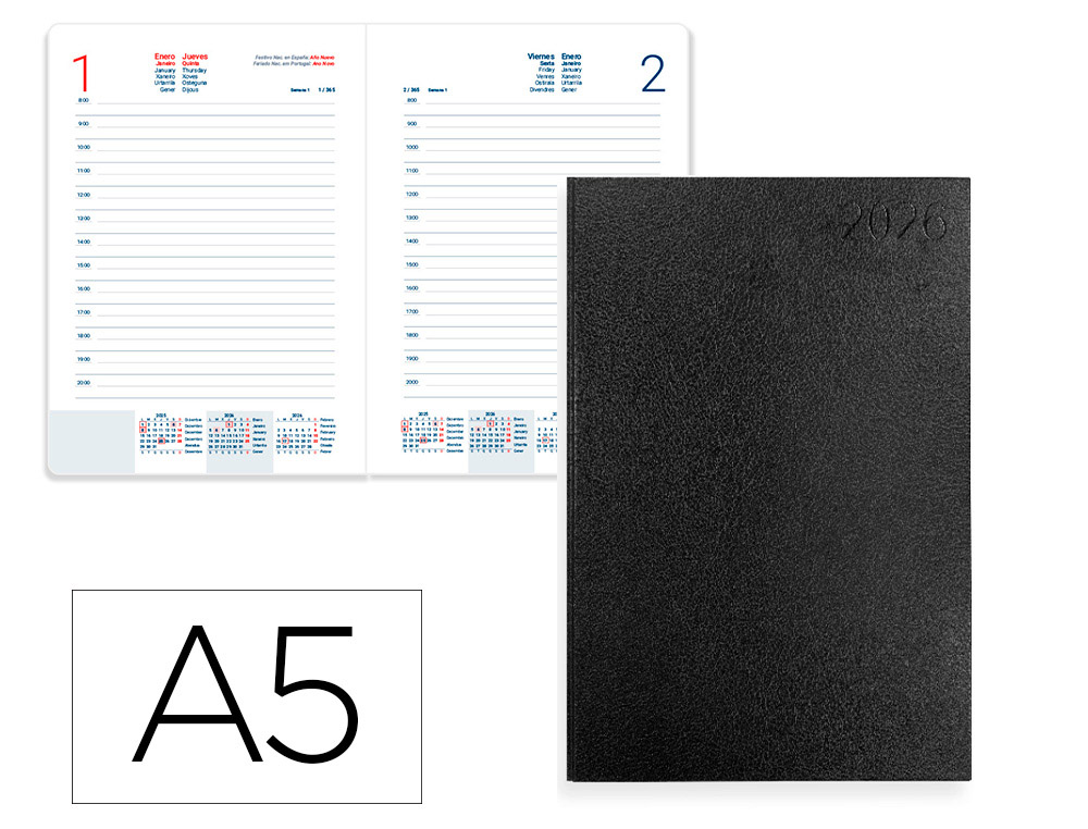 AGENDA ENCUADERNADA LIDERPAPEL CORFU A5 2026 DIA PAGINA NEGRO PAPEL 60 GR FSC