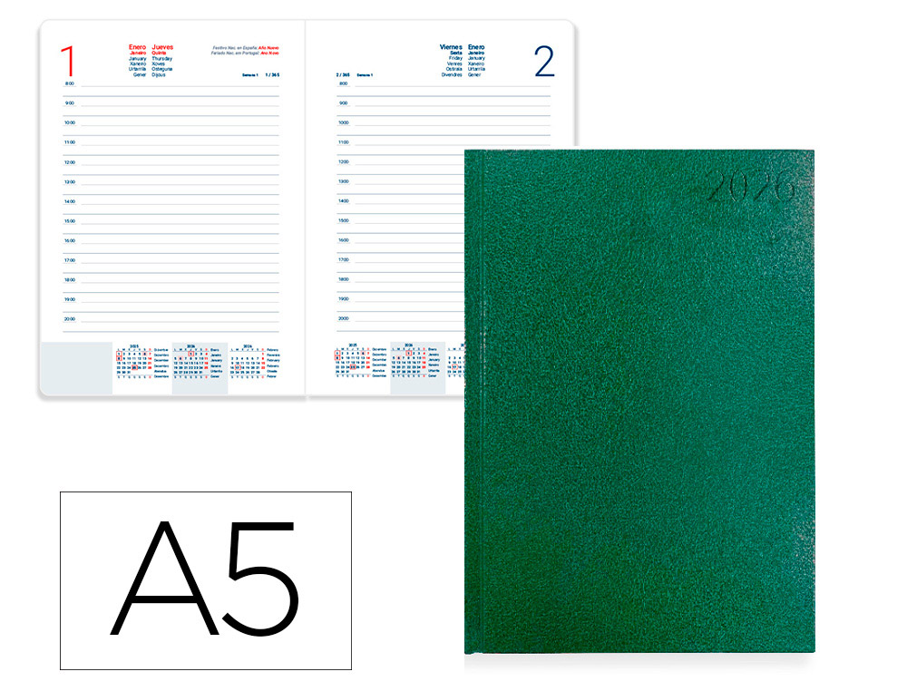 AGENDA ENCUADERNADA LIDERPAPEL CORFU A5 2026 DIA PAGINA VERDE PAPEL 60 GR FSC