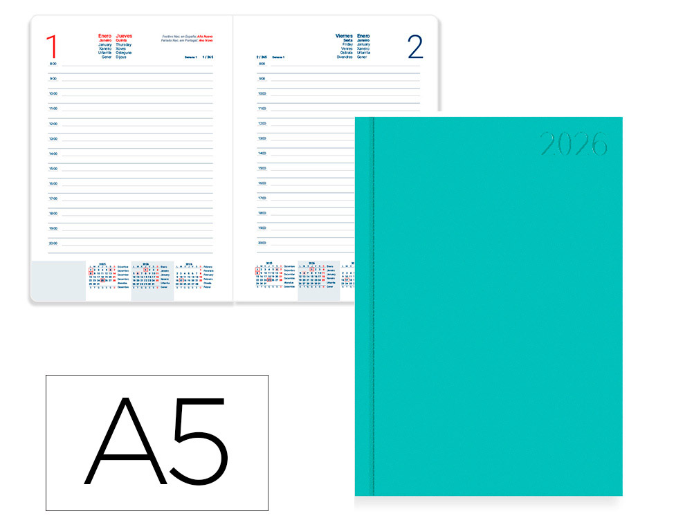 AGENDA ENCUADERNADA LIDERPAPEL CORFU A5 2026 DIA PAGINA VERDE MENTA PAPEL 60 GR FSC